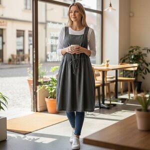 Bluefish Charcoal Gray Soy Hemp Linen Pinafore Midi Dress Pockets Size 2